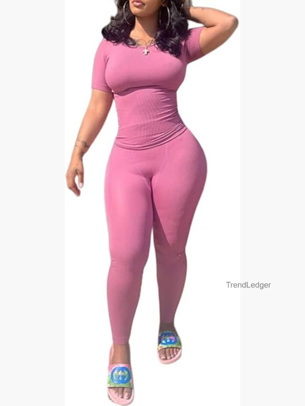 Women's Ribbed 2-Piece Workout Set, Crop Top & Leggings, Polyester Spandex